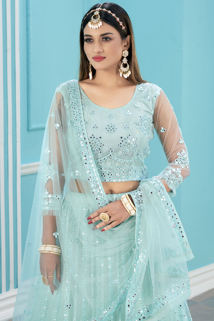 Net Fabric Sangeet Wear Light Cyan Color Lehenga With Heavy Embroidered Work