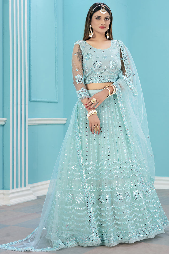 Net Fabric Sangeet Wear Light Cyan Color Lehenga With Heavy Embroidered Work