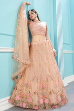 Load image into Gallery viewer, Attractive Floral Embroidered Work Net Fabric Lehenga Choli In Peach Color
