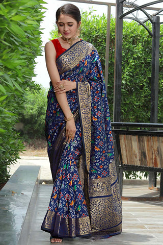 Festival Wear Banarasi Style Art Silk Fabric Blue Color Excellent Patola Print Saree