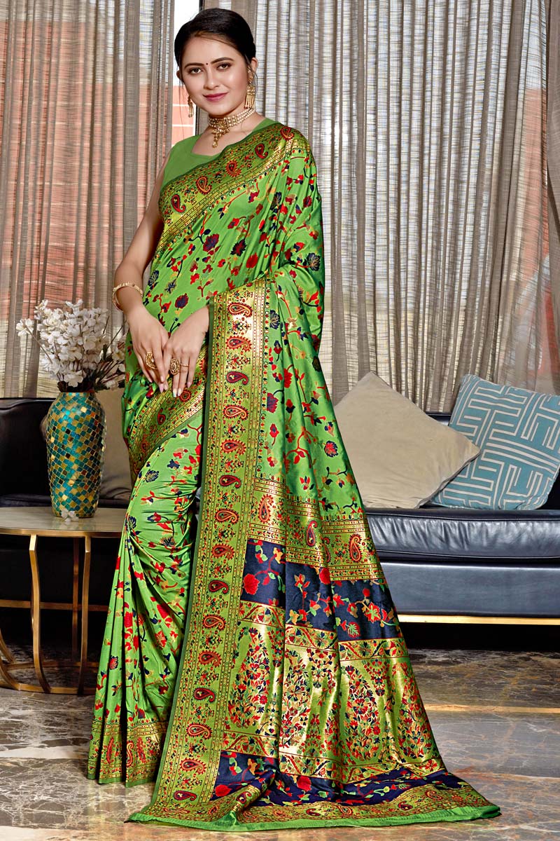 Green Color Weaving Work Pallu On Art Silk Fabric Festival Wear Beatific Banarasi Style Saree