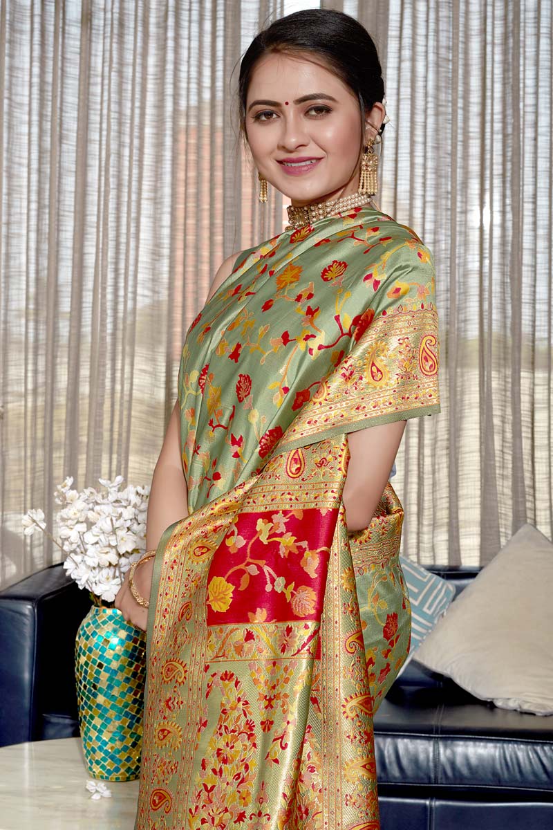 Dazzling Weaving Work Pallu On Sea Green Color Festival Wear Banarasi Style Saree In Art Silk Fabric