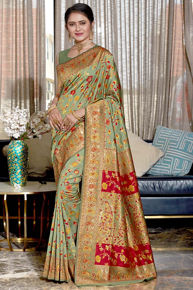 Dazzling Weaving Work Pallu On Sea Green Color Festival Wear Banarasi Style Saree In Art Silk Fabric