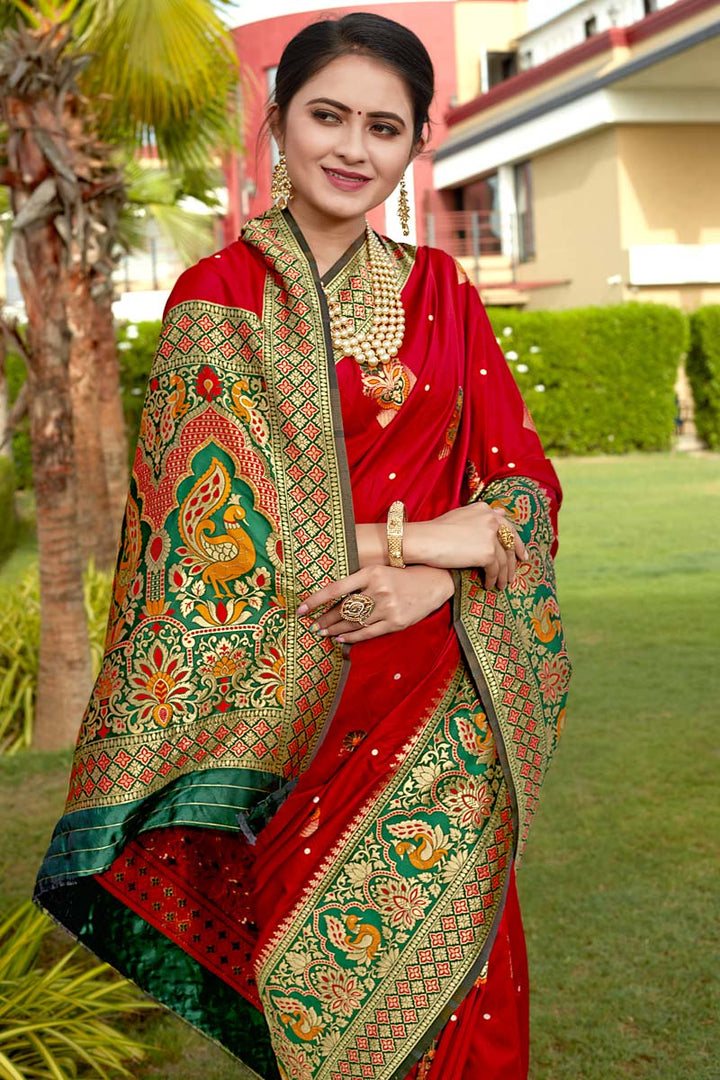 Art Silk Fabric Red Color Weaving Work Festive Wear Engrossing Saree