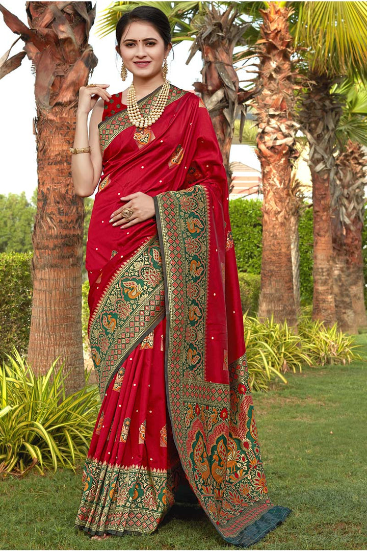 Art Silk Fabric Red Color Weaving Work Festive Wear Engrossing Saree
