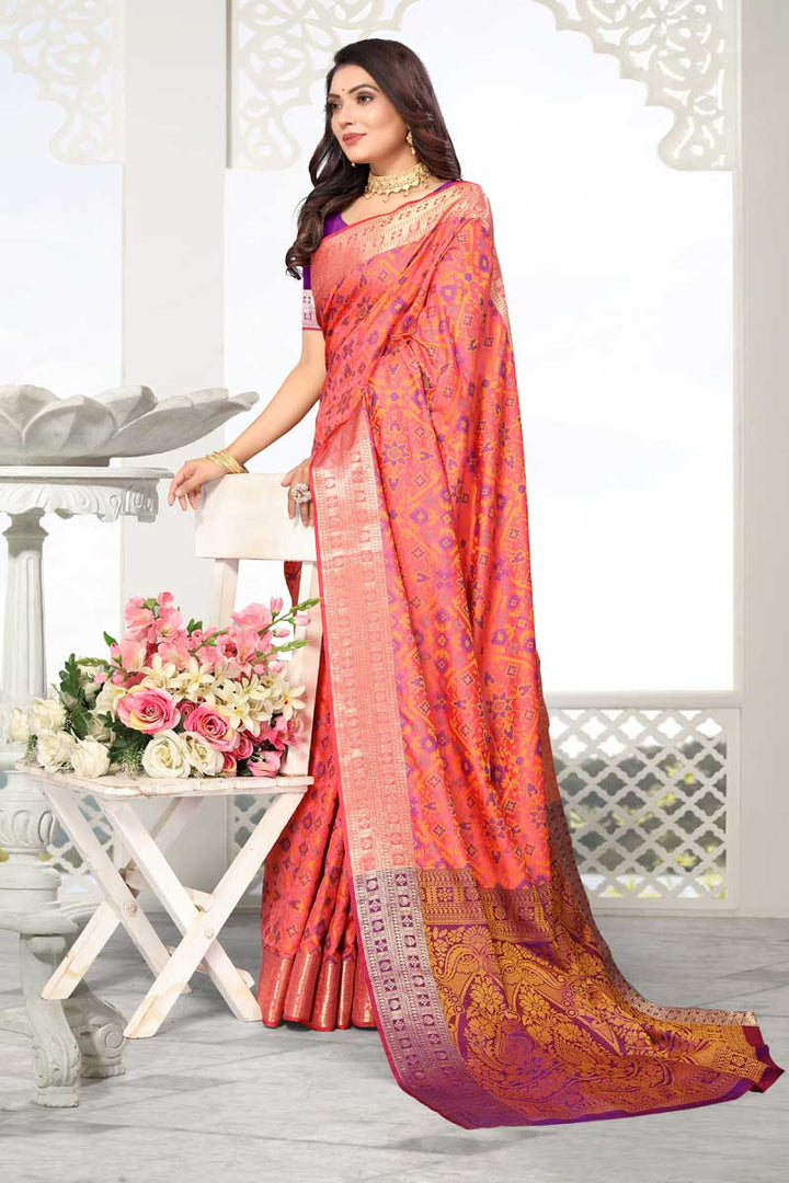 Creative Weaving Work Saree In Peach Color Patola Silk Fabric