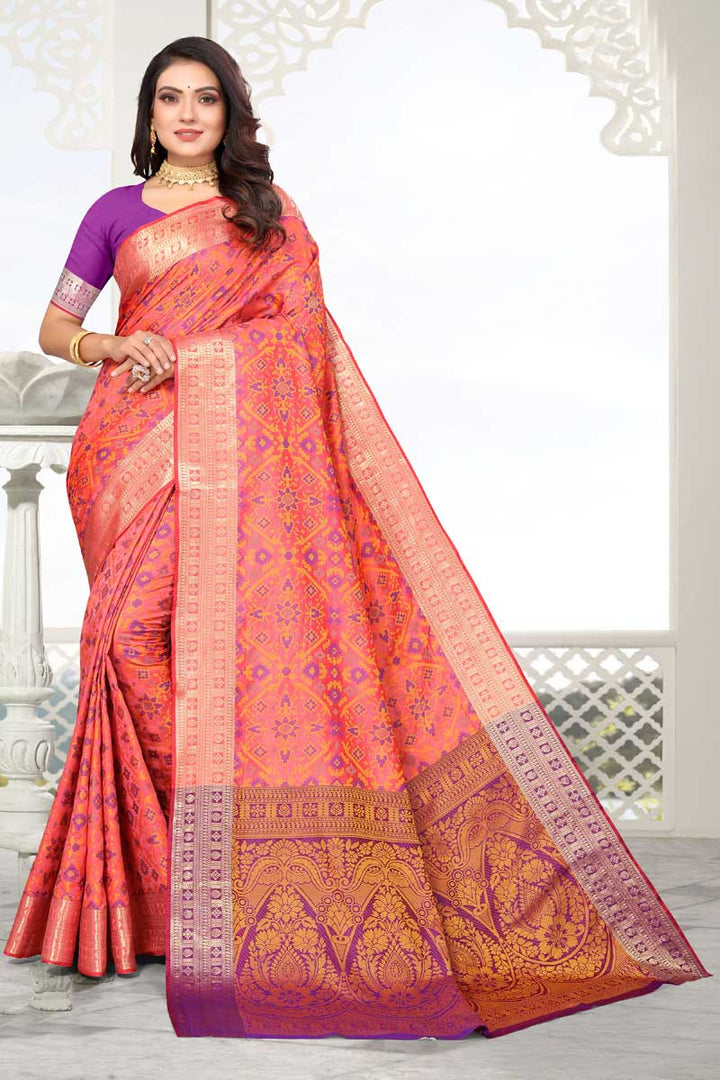 Creative Weaving Work Saree In Peach Color Patola Silk Fabric