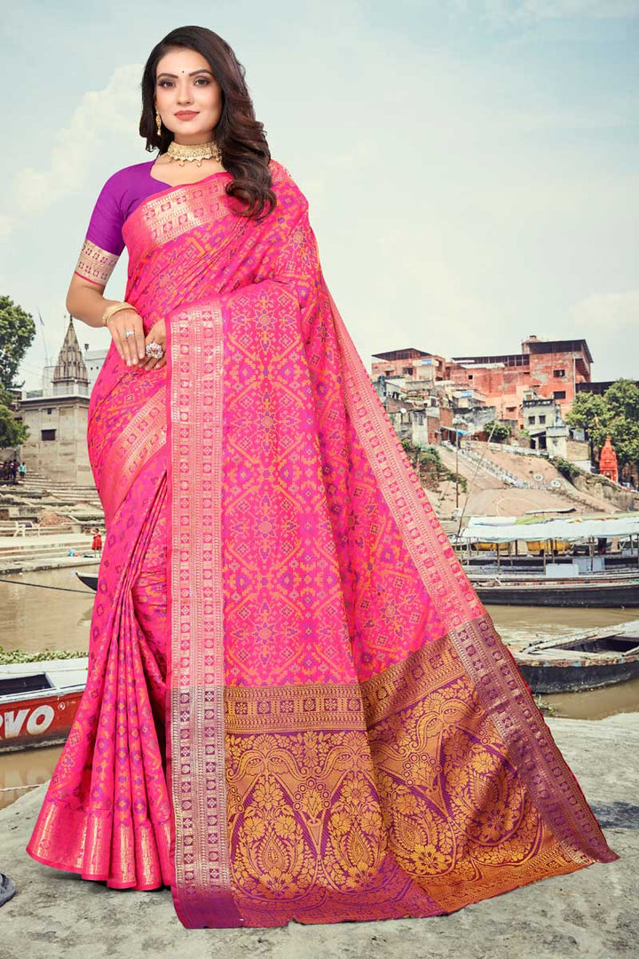 Marvelous Patola Silk Fabric Weaving Work Saree In Pink Color