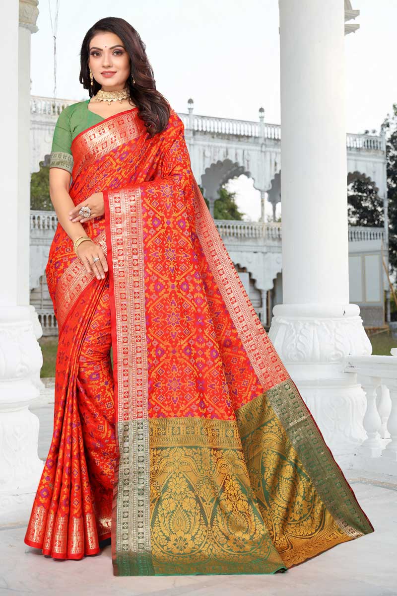 Radiant Red Color Patola Silk Fabric Weaving Work Saree