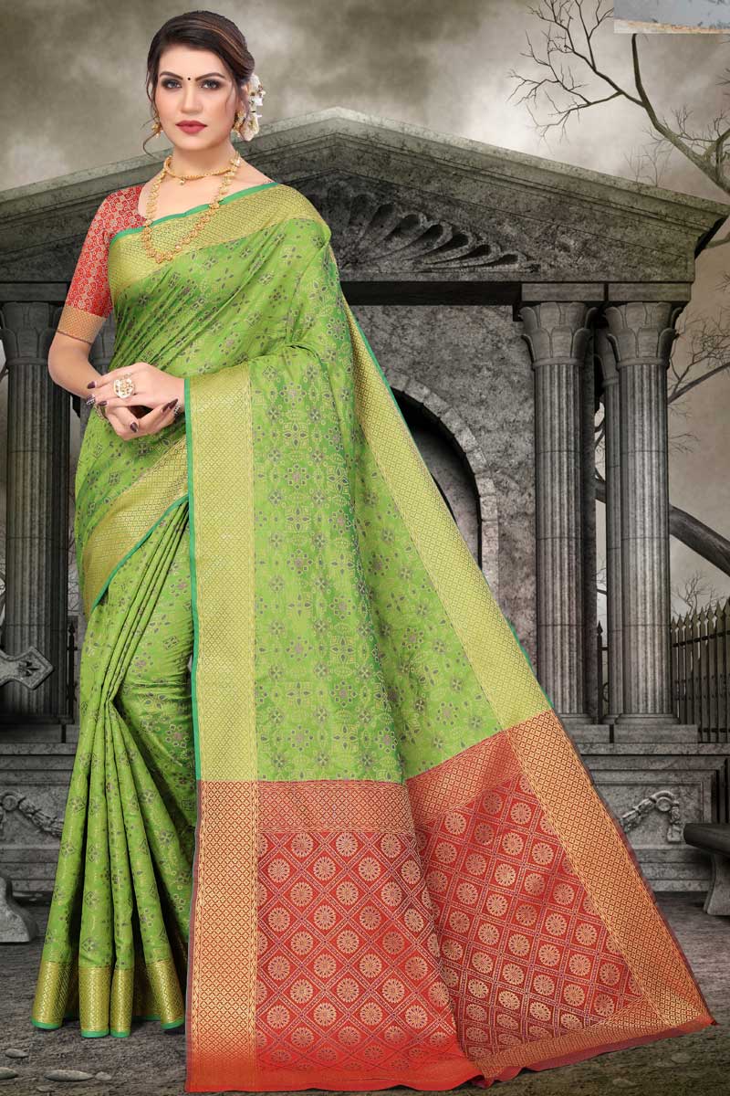 Green Color Festival Wear Patola Silk Fabric Beatific Saree