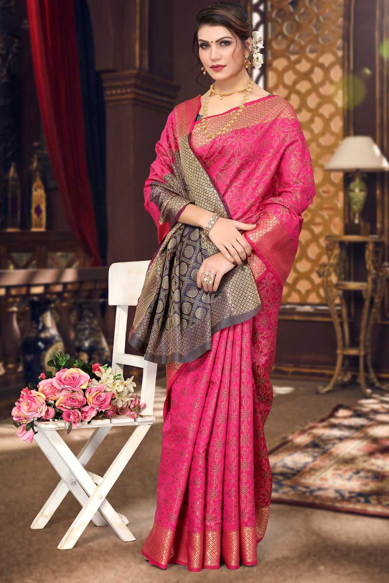 Tempting Patola Silk Fabric Rani Color Saree In Festival Wear