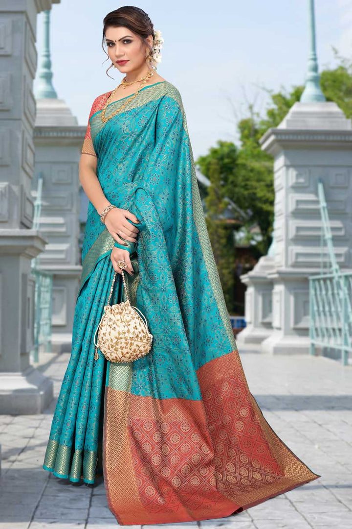 Engaging Cyan Color Patola Silk Fabric Saree In Festival Wear