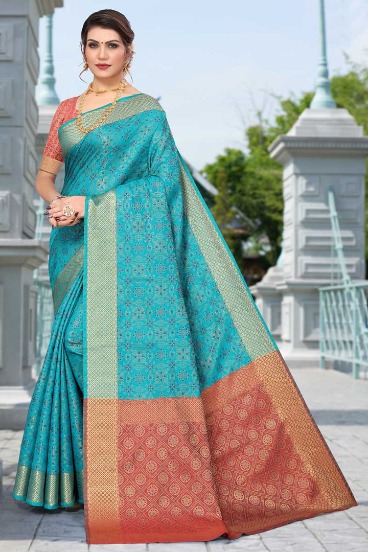 Engaging Cyan Color Patola Silk Fabric Saree In Festival Wear
