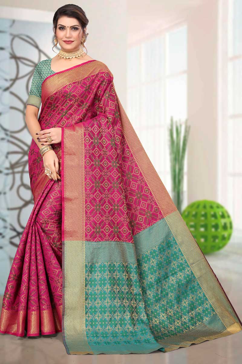 Art Silk Fabric Beatific Weaving Work Rani Color Saree