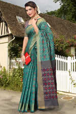 Load image into Gallery viewer, Beguiling Teal Color Art Silk Fabric Weaving Work Saree
