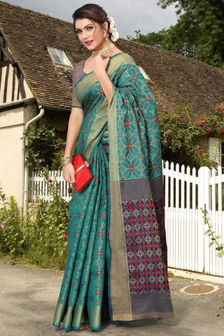 Beguiling Teal Color Art Silk Fabric Weaving Work Saree