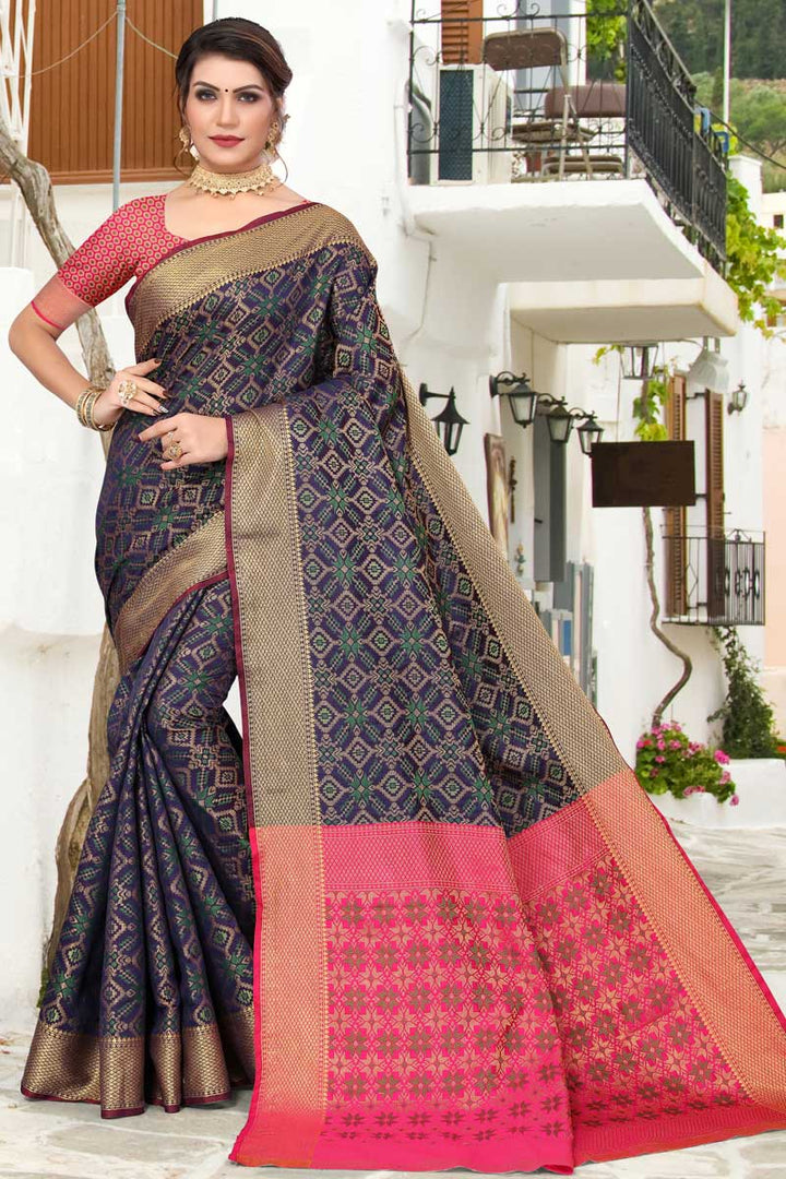 Incredible Art Silk Fabric Navy Blue Color Weaving Work Saree