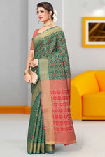 Load image into Gallery viewer, Engaging Green Color Art Silk Fabric Weaving Work Saree
