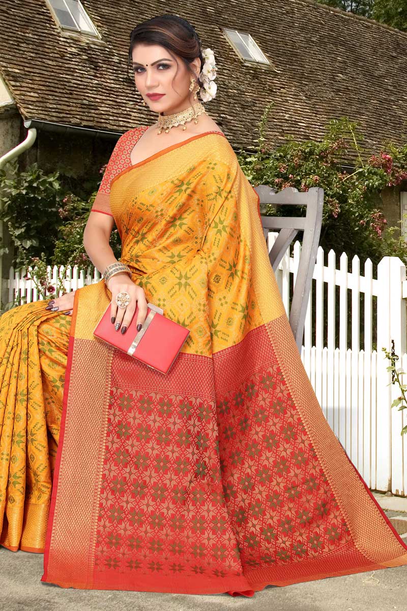 Classic Yellow Color Weaving Work Saree In Art Silk Fabric