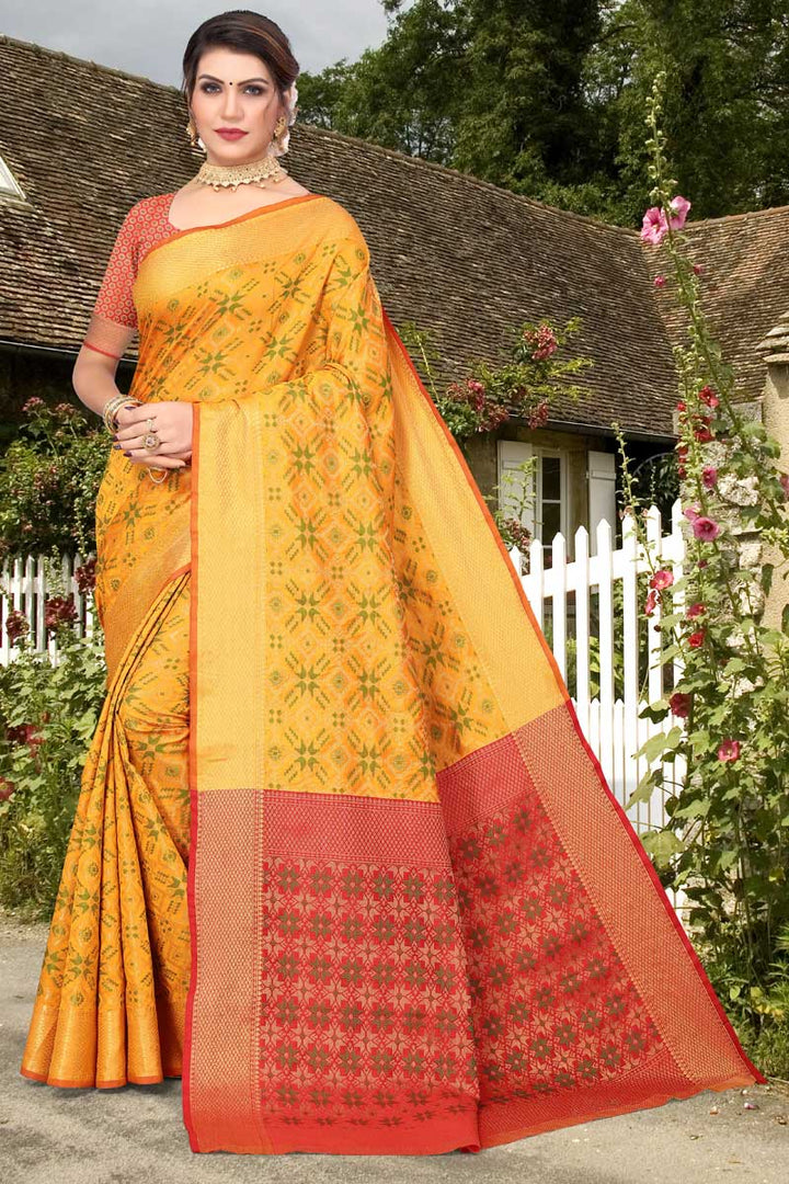Classic Yellow Color Weaving Work Saree In Art Silk Fabric