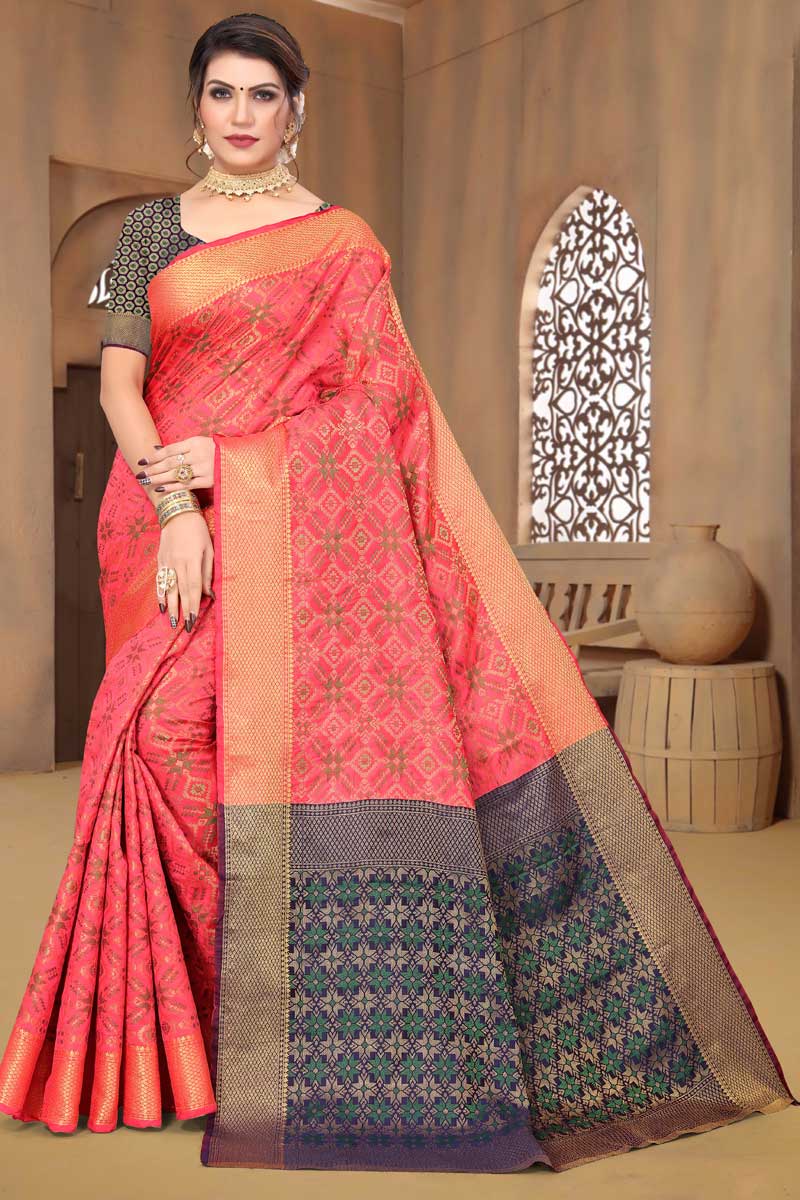 Radiant Peach Color Art Silk Fabric Weaving Work Saree