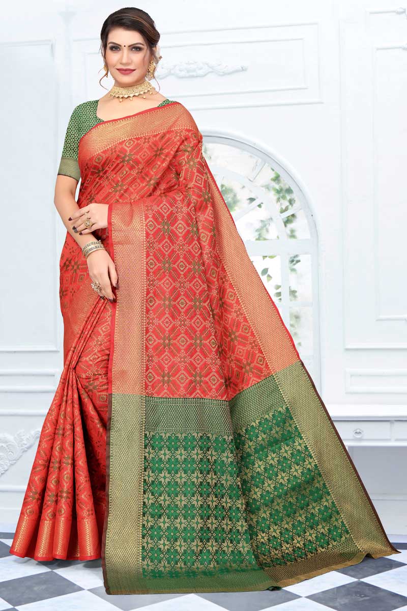 Excellent Art Silk Fabric Red Color Weaving Work Saree