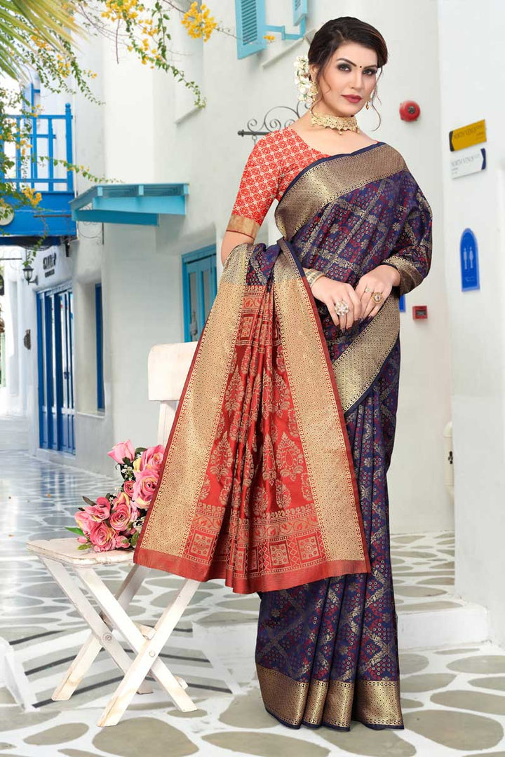 Attractive Patola Silk Fabric Navy Blue Color Saree With Jacquard Work