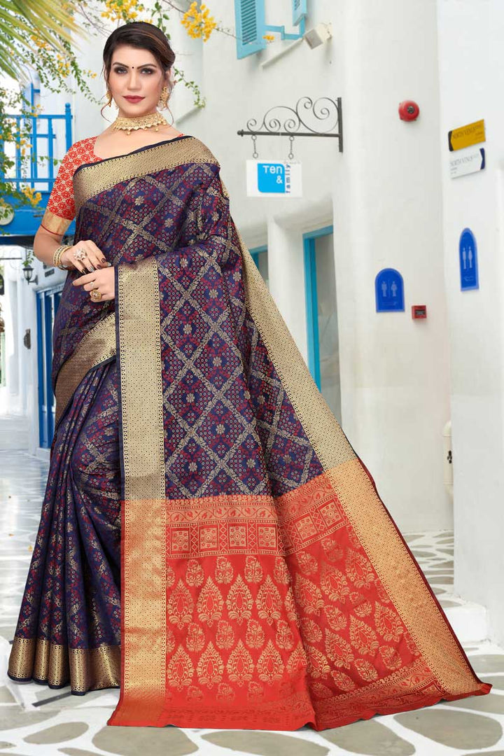 Attractive Patola Silk Fabric Navy Blue Color Saree With Jacquard Work