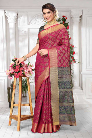 Art Silk Fabric Festival Wear Stylish Patola Style Saree In Rani Color