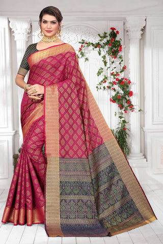 Art Silk Fabric Festival Wear Stylish Patola Style Saree In Rani Color