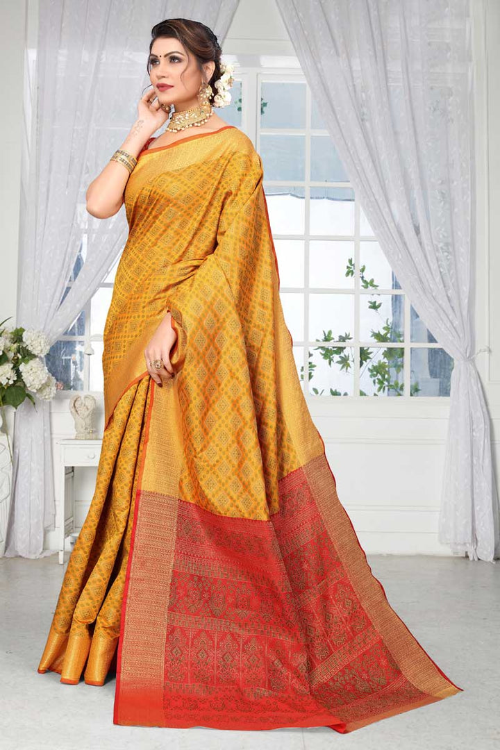 Art Silk Fabric Yellow Color Festival Wear Solid Patola Style Saree