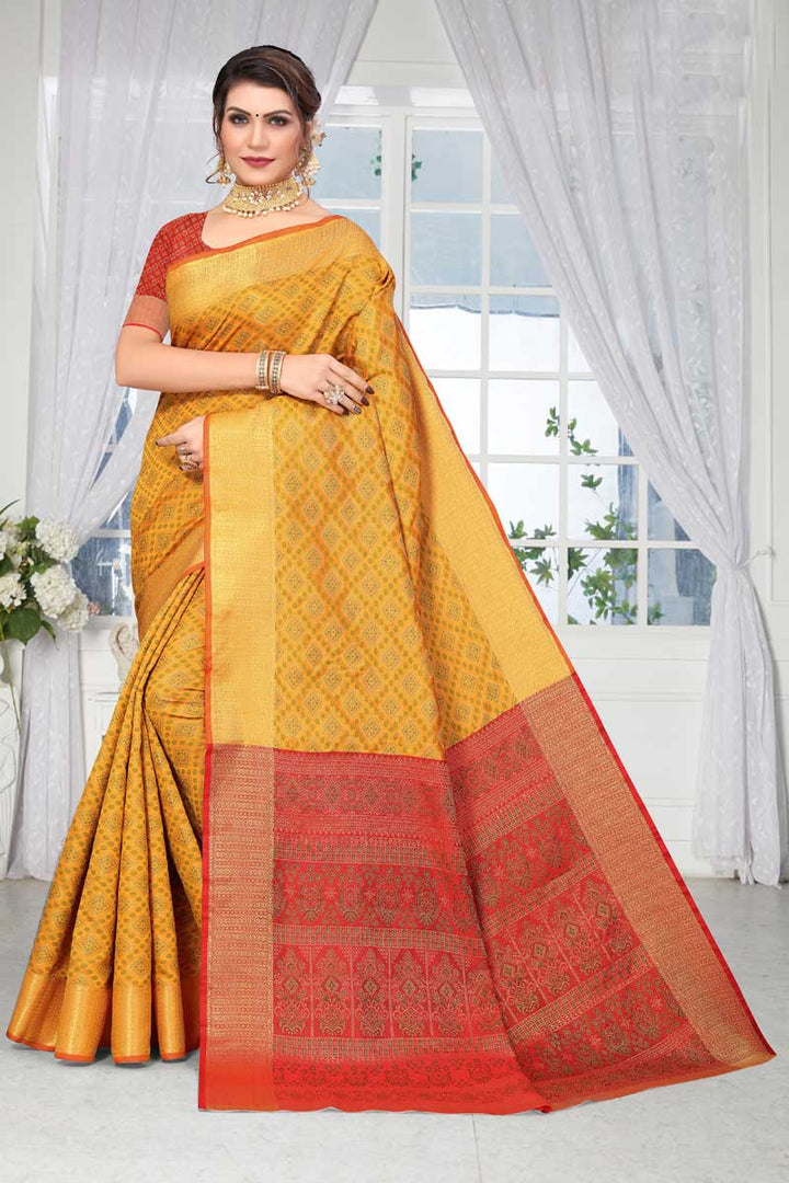 Art Silk Fabric Yellow Color Festival Wear Solid Patola Style Saree
