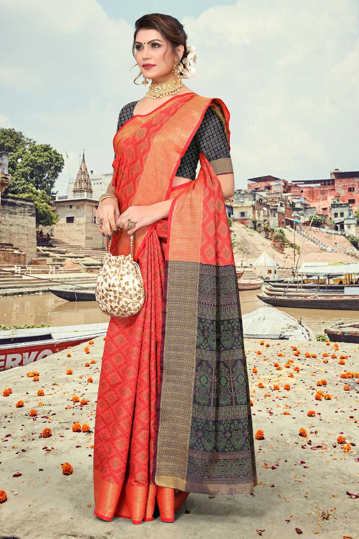 Festive Wear Art Silk Fabric Radiant Peach Color Patola Style Saree