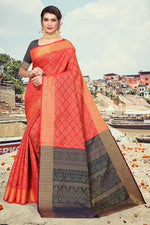Load image into Gallery viewer, Festive Wear Art Silk Fabric Radiant Peach Color Patola Style Saree
