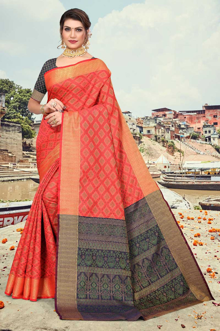 Festive Wear Art Silk Fabric Radiant Peach Color Patola Style Saree