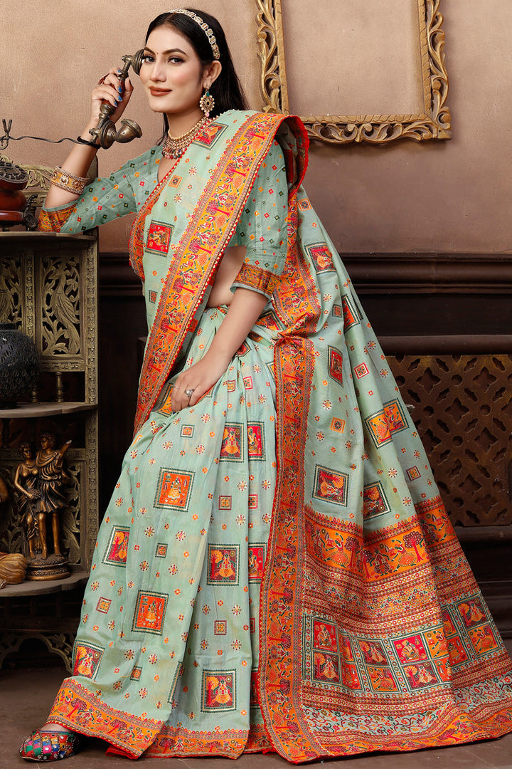 Light Cyan Color Pashmina Fabric Printed Stunning Party Look Saree