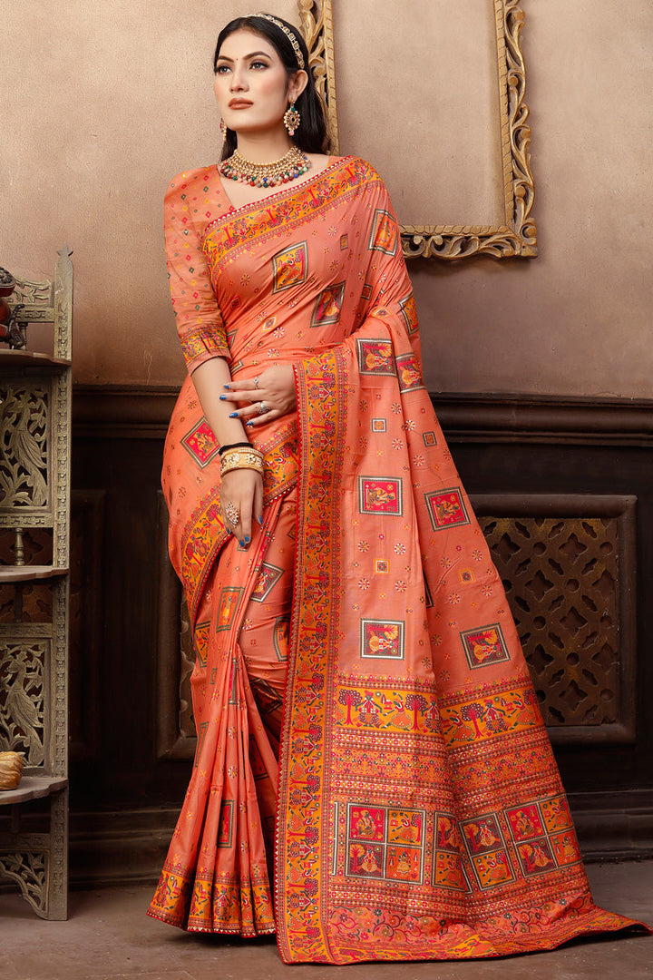 Incredible Pashmina Fabric Orange Color Printed Party Look Saree