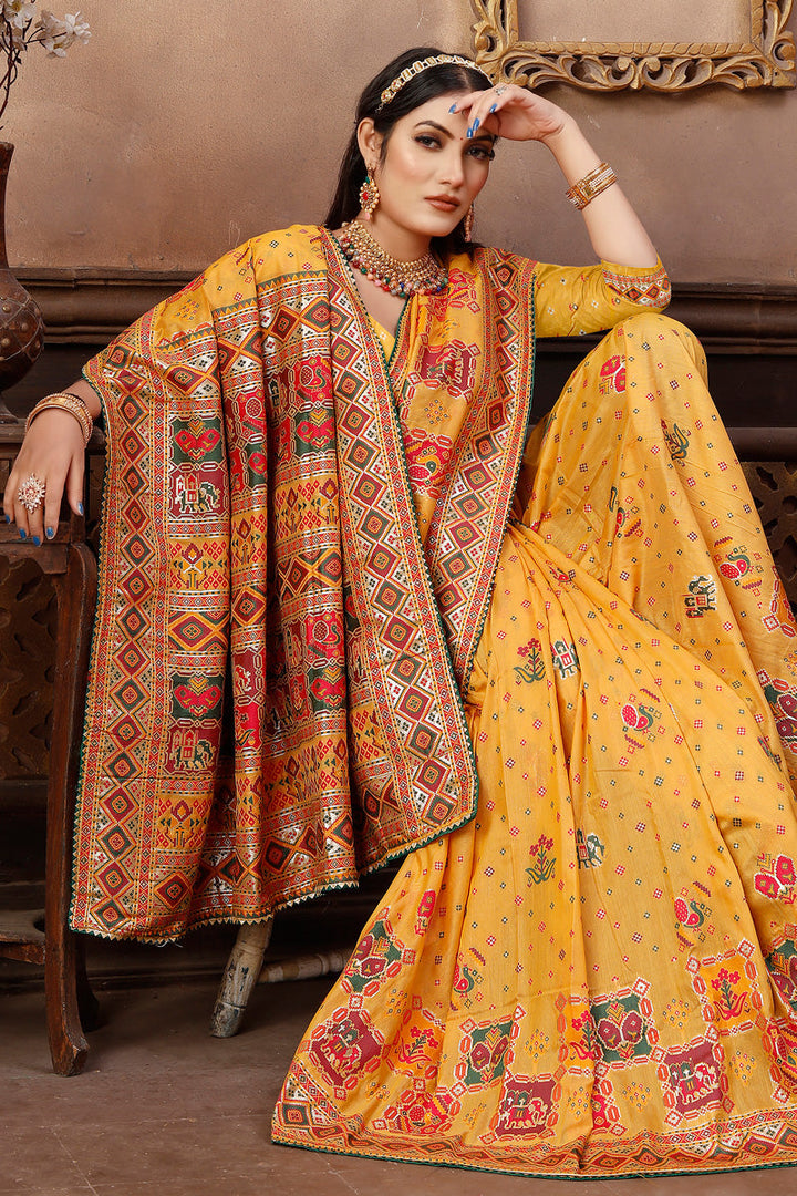 Tempting Printed Pashmina Fabric Yellow Color Party Look Saree