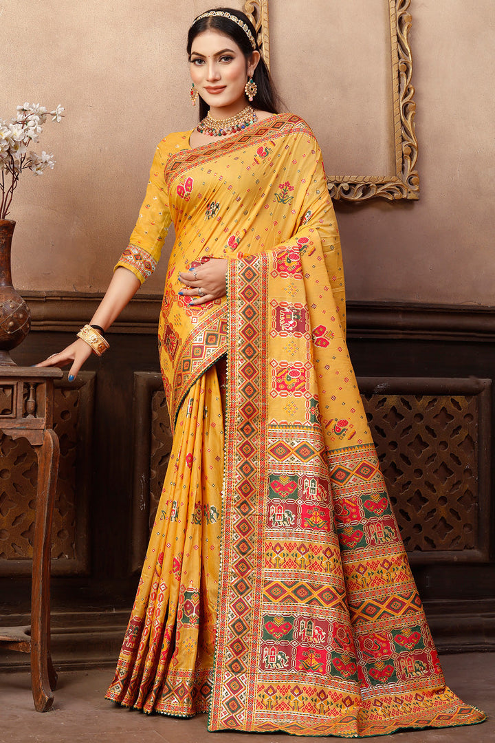 Tempting Printed Pashmina Fabric Yellow Color Party Look Saree
