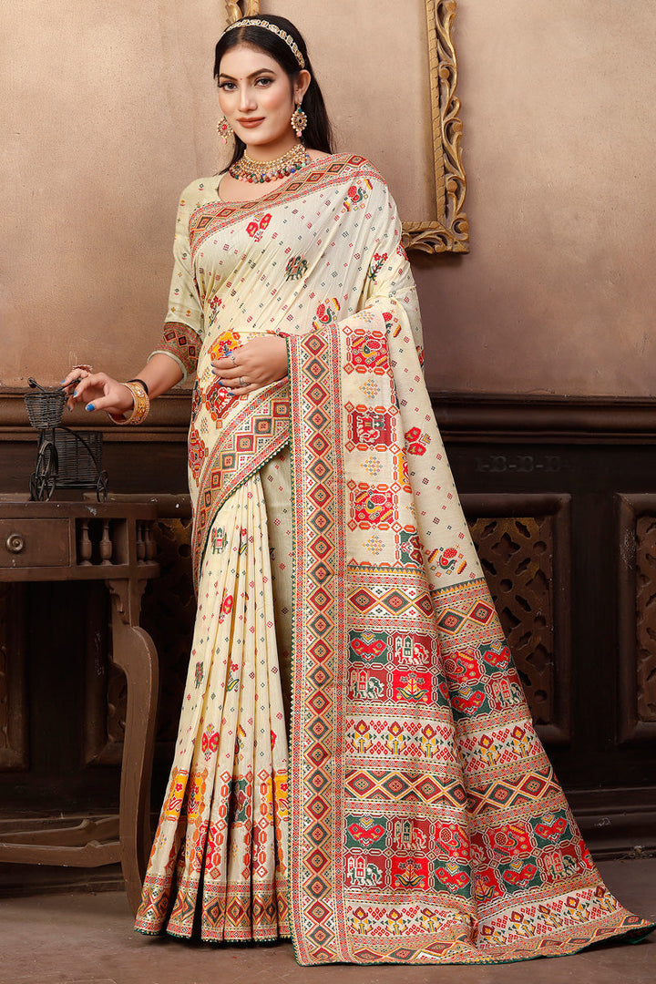Excellent Pashmina Fabric Cream Color Printed Party Look Saree