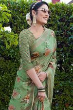 Load image into Gallery viewer, Charming Green Color Cotton Cotton Silk Fabric Festive Look Saree
