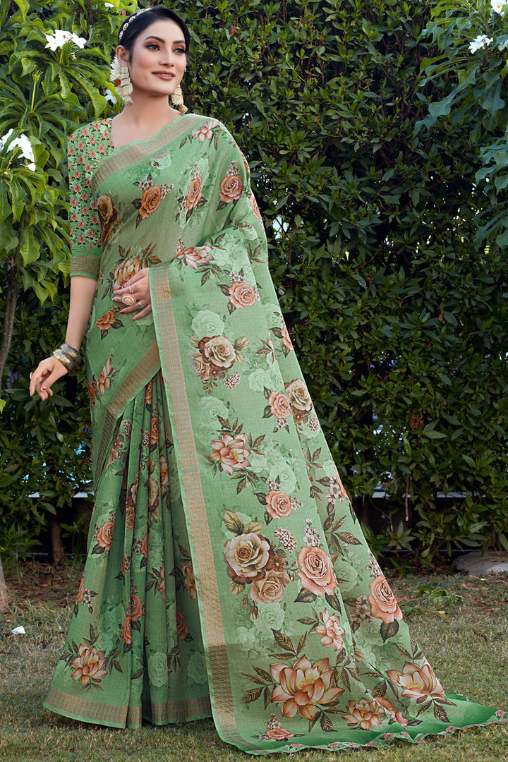 Charming Green Color Cotton Cotton Silk Fabric Festive Look Saree