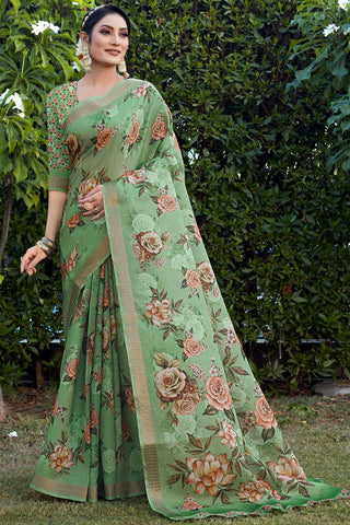 Charming Green Color Cotton Cotton Silk Fabric Festive Look Saree