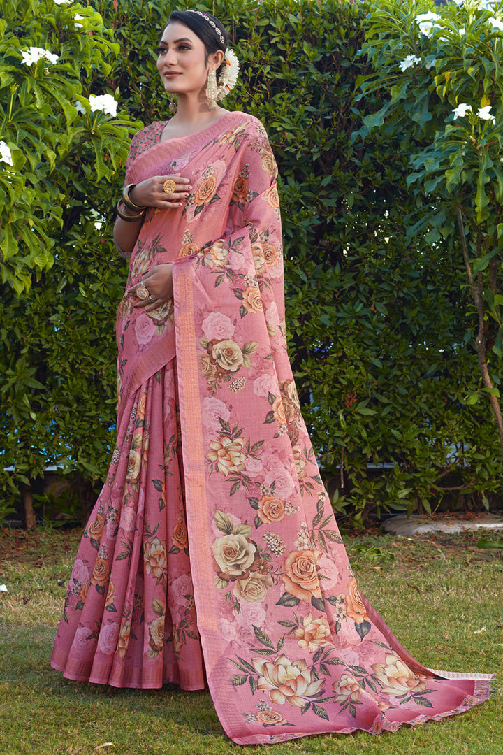 Mesmeric Pink Color Festive Look Saree In Cotton Cotton Silk Fabric