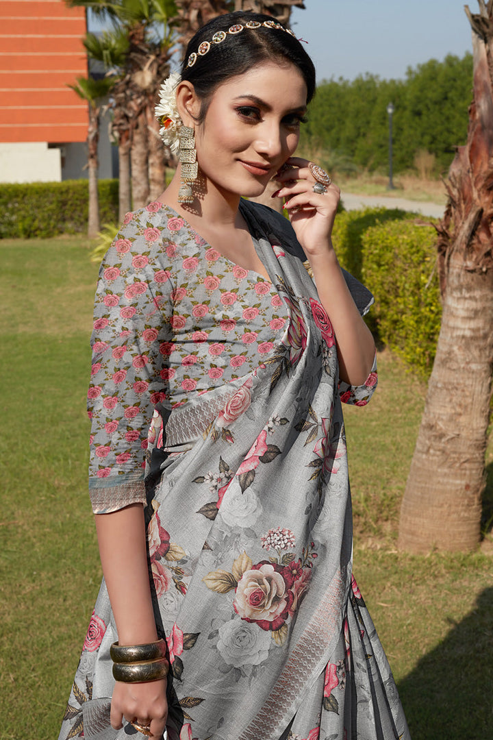 Radiant Grey Color Cotton Cotton Silk Fabric Festive Look Saree