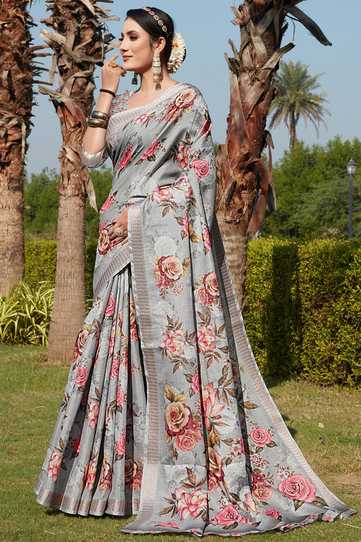 Radiant Grey Color Cotton Cotton Silk Fabric Festive Look Saree