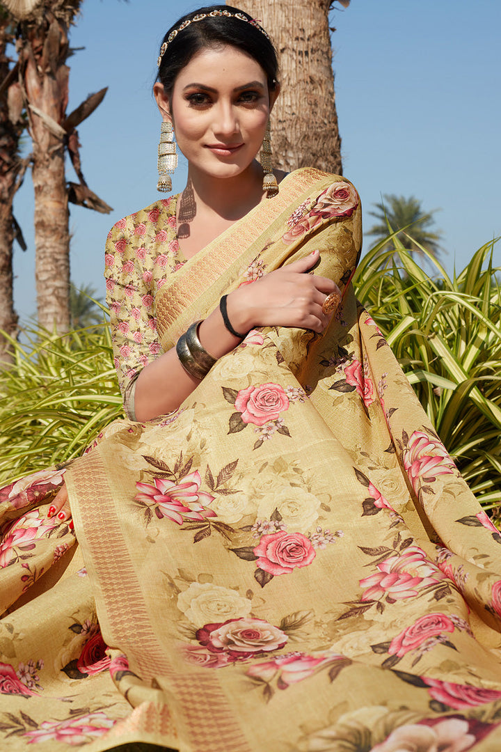 Excellent Cotton Cotton Silk Fabric Yellow Color Festive Look Saree