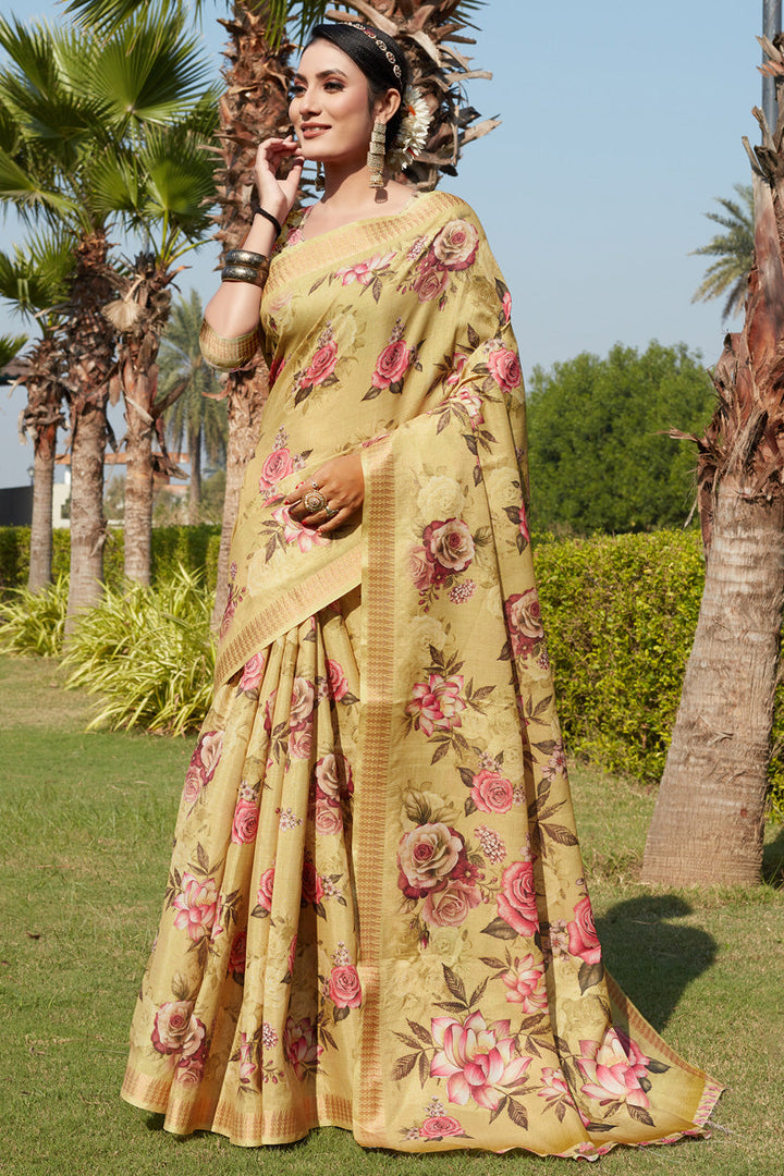 Excellent Cotton Cotton Silk Fabric Yellow Color Festive Look Saree