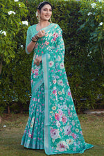 Load image into Gallery viewer, Cyan Color Cotton Cotton Silk Fabric Beatific Festive Look Saree
