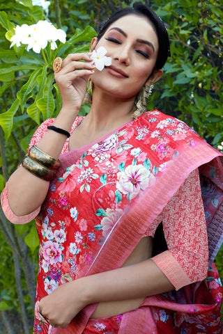 Beguiling Red Color Cotton Cotton Silk Fabric Festive Look Saree